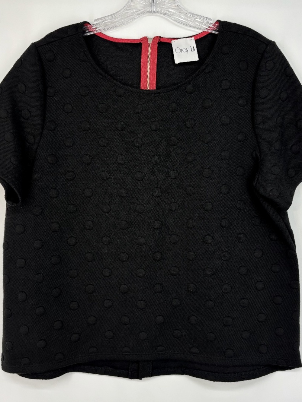 Gray LA Womens Medium Pullover Knit Top Black Textured Polka Dot Zip Back SS